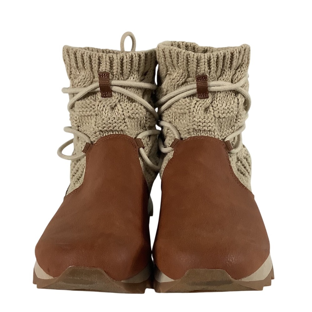 Merrell Alpine Pull-On‎ Knit Boots Brown Leather Beige Cable Knit Sneaker Boot 8
